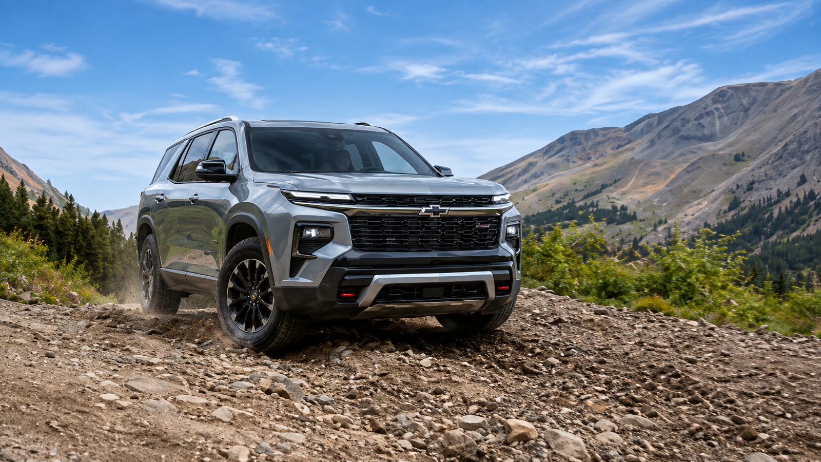 A Chevrolet Traverse on a rough patch on the outskirts