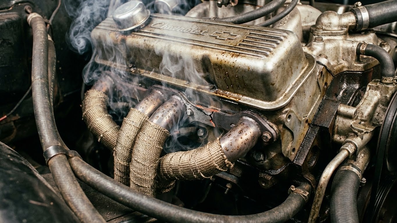 Classic Chevrolet small-block engine experiencing huge smoke