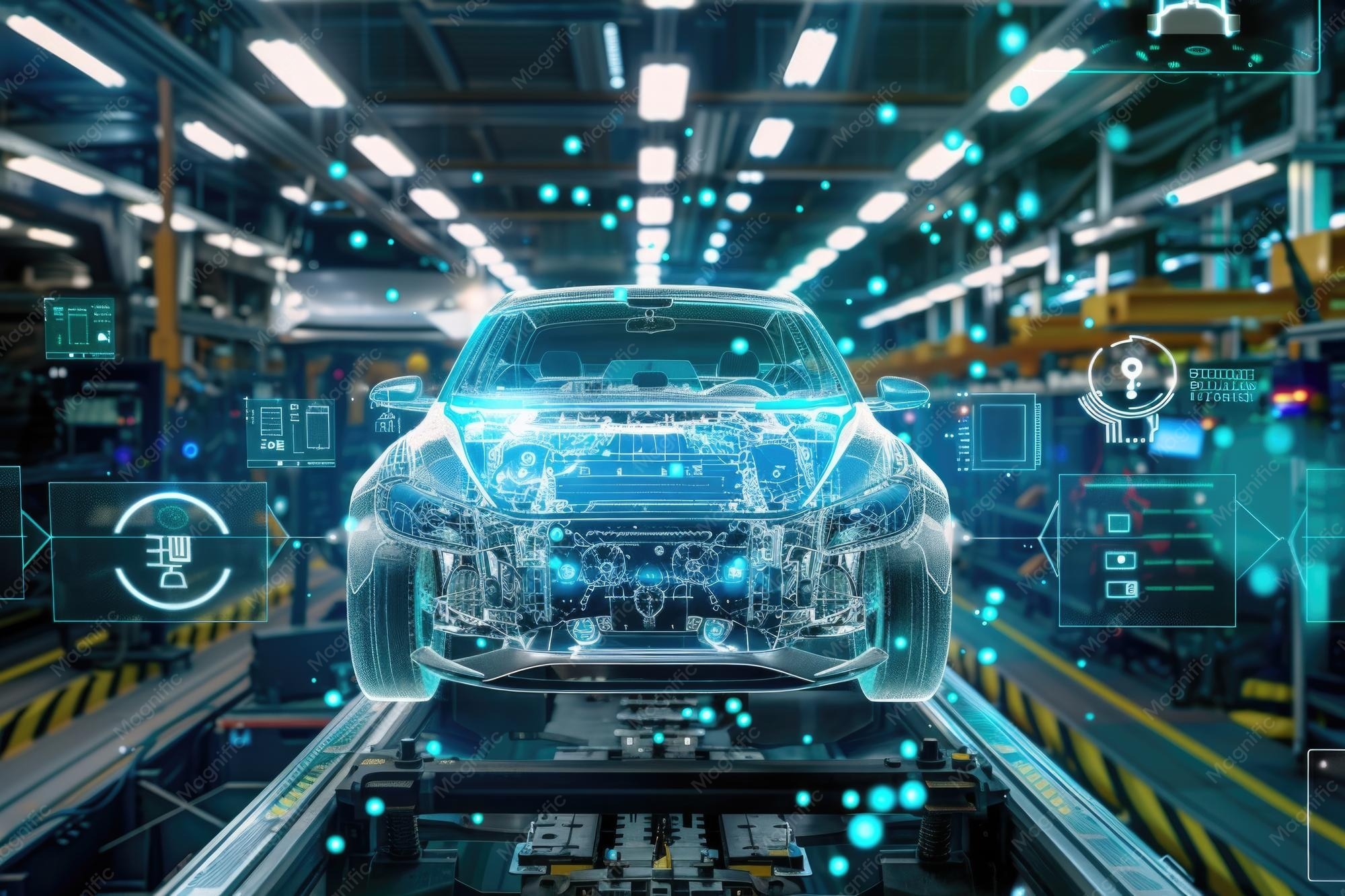 Electric vehicle assembly line with a holographic wireframe
