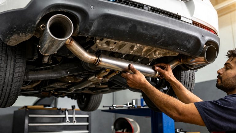 A mechanic is repairing the Exhaust System of a car