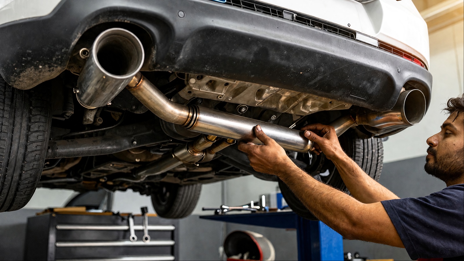 A mechanic is repairing the Exhaust System of a car