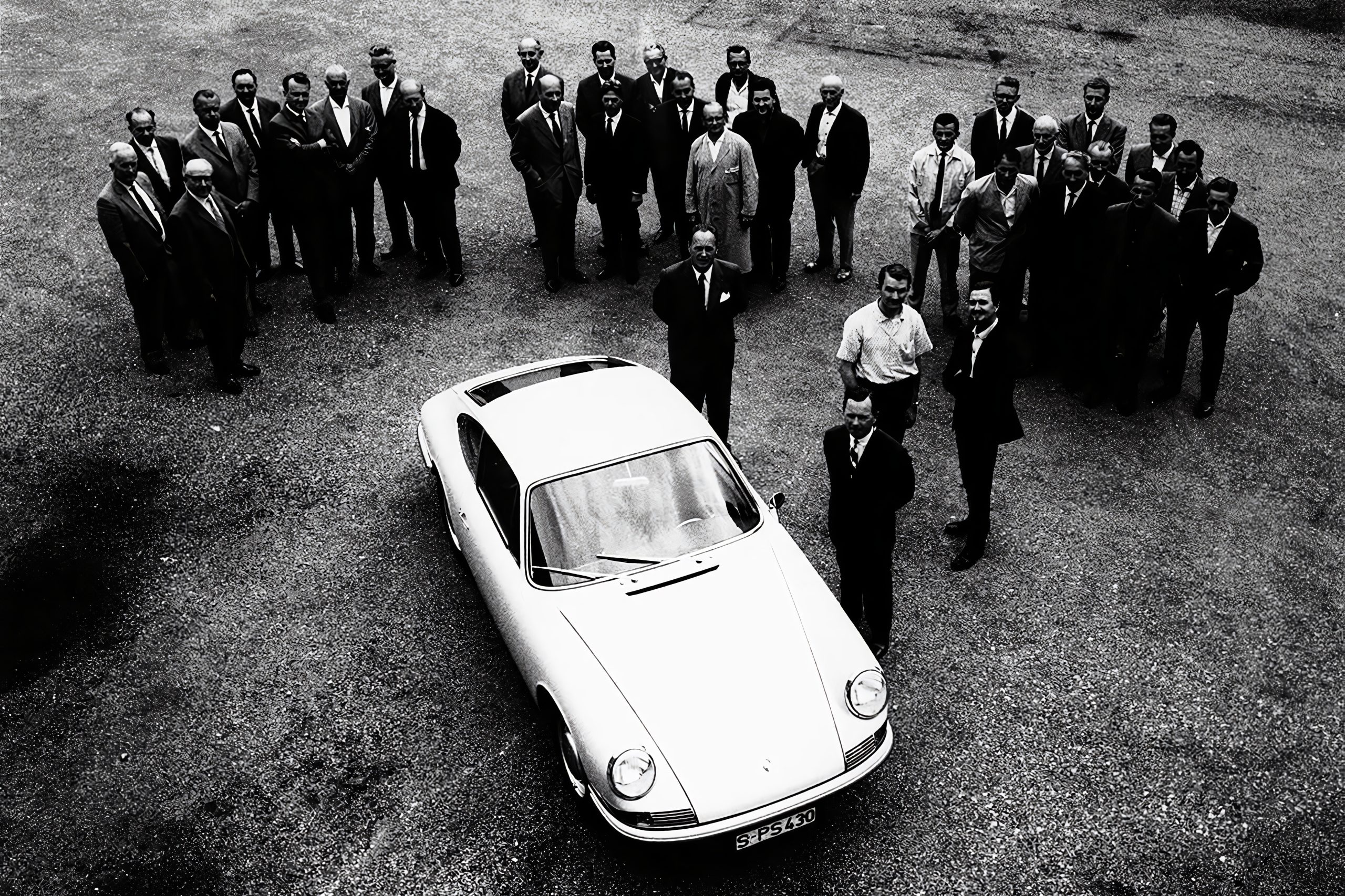 Ferry Porsche and members of the development and design team gathered around an early Porsche 911