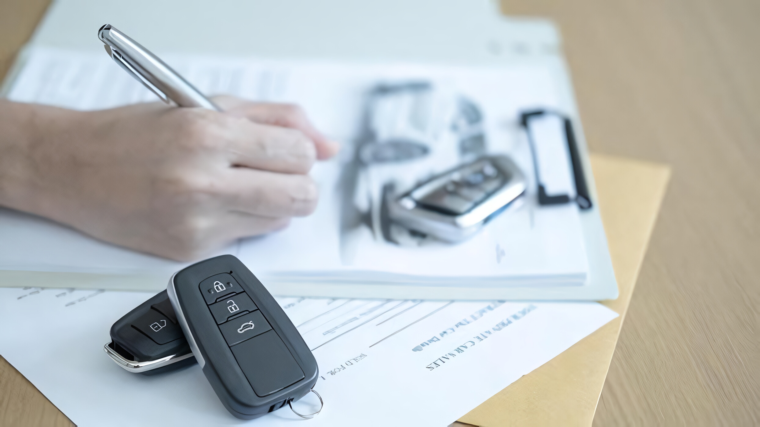 A person signing a car purchase agreement with car keys resting nearby