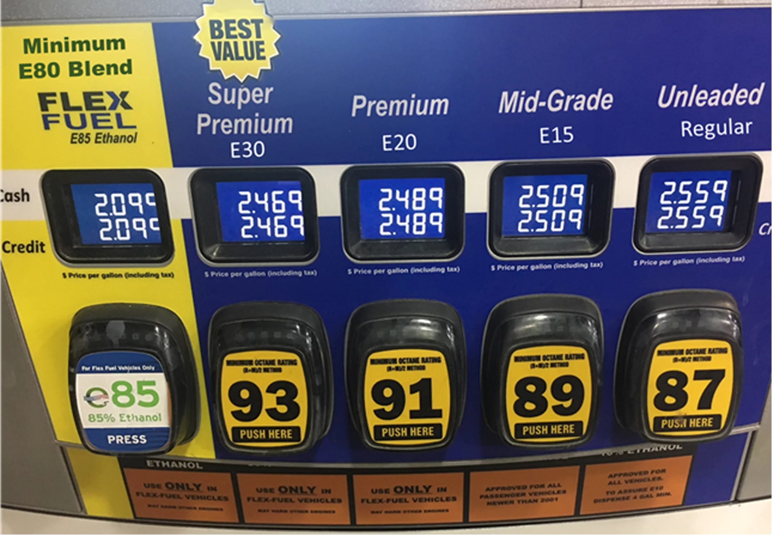 Flex fuel gas station pump displaying prices