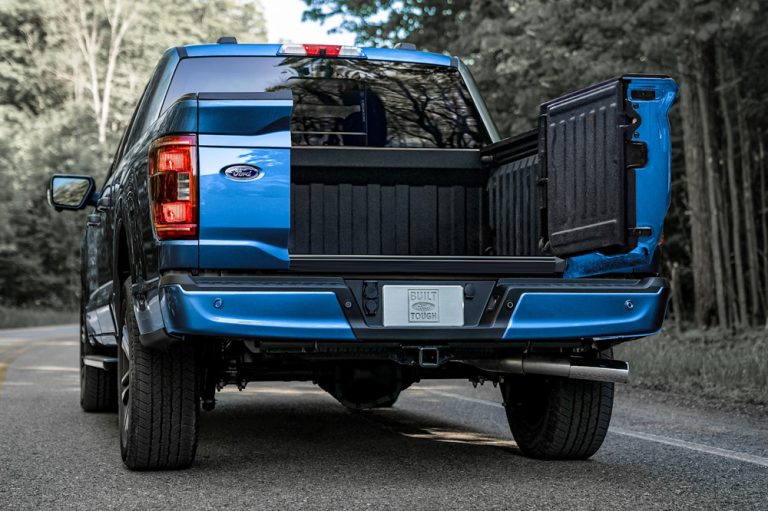 A Ford 150 Tailgate of blue color is open in the image