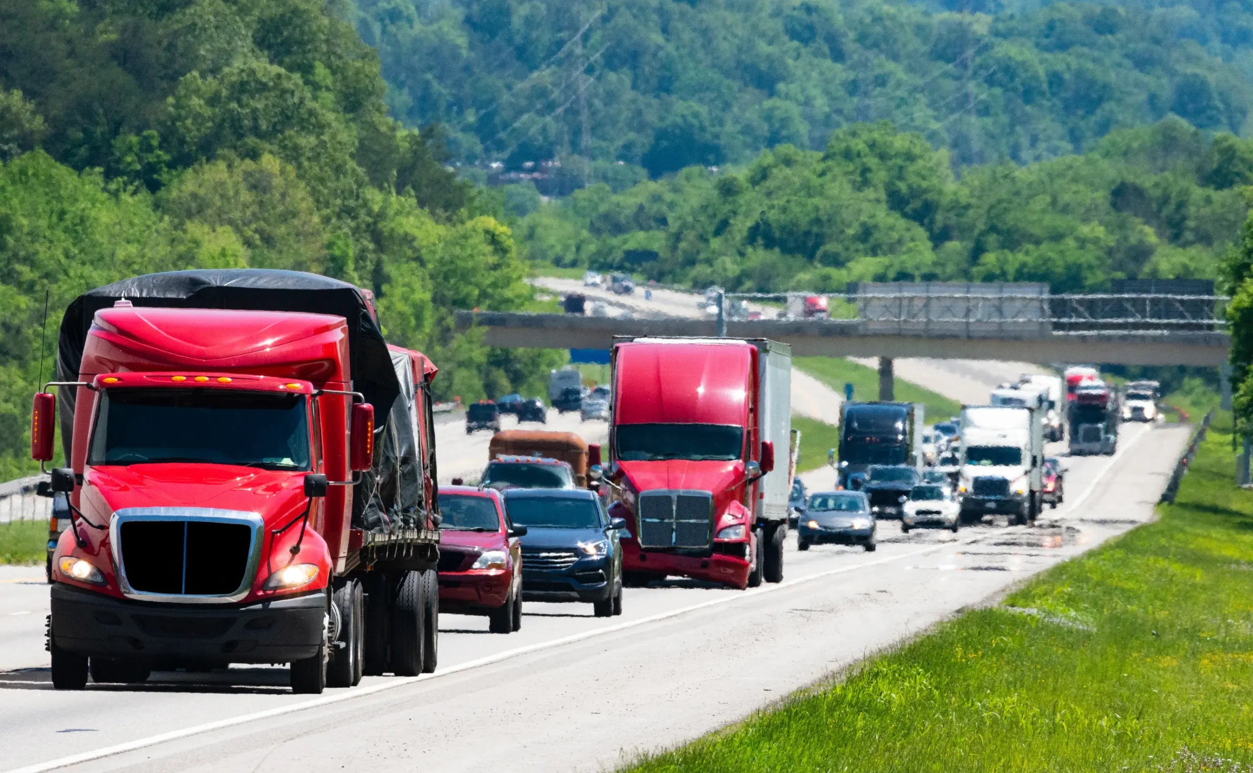 Heavy traffic congestion with cars and trucks