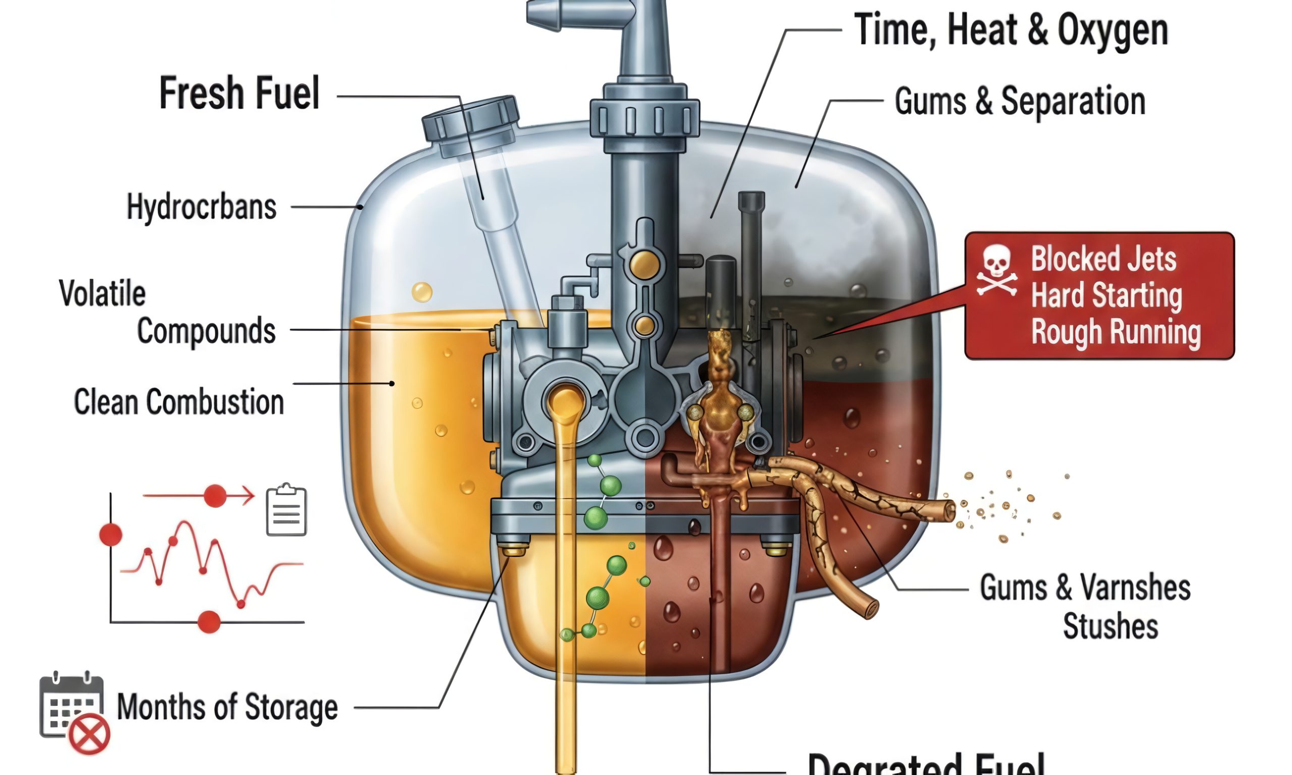 Inside of a carburetor fuel bowl illustrating the effects of long-term storage on gasoline