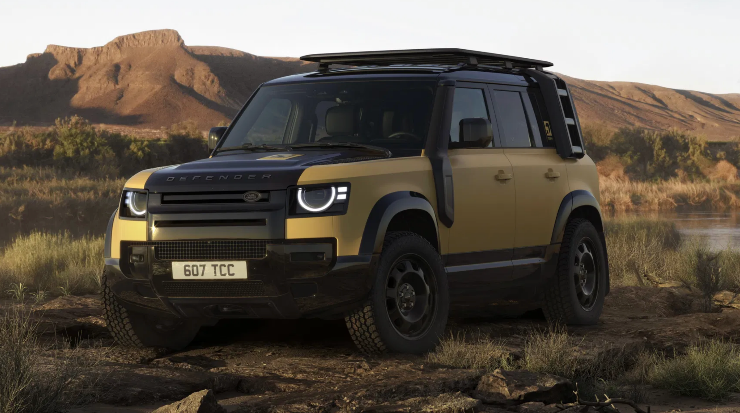 A brown Land Rover in a hilly area