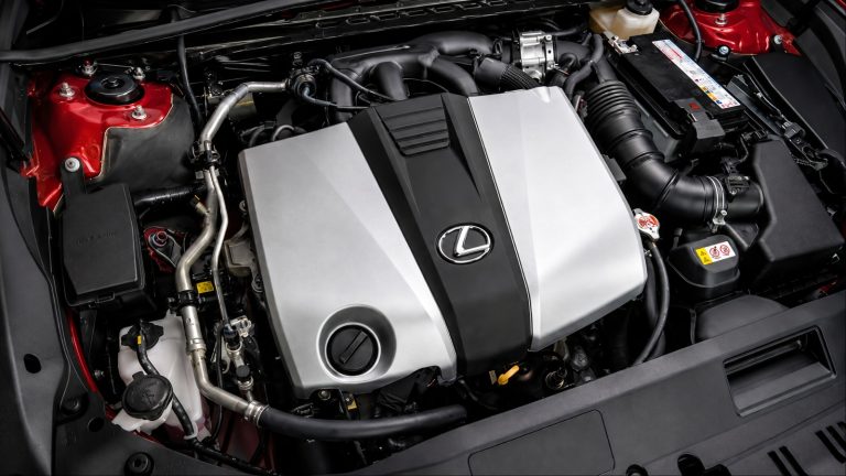 Top-down view of a clean Lexus V8 engine bay compartment