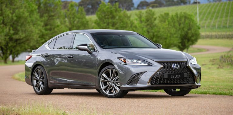 A Lexus ES is standing near a rough road surrounded by green plants