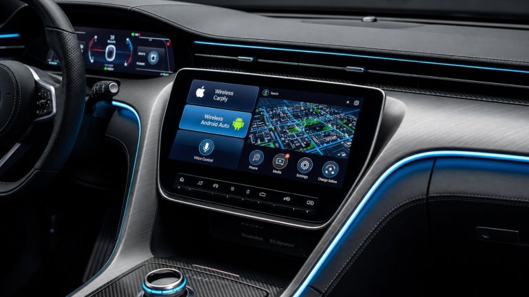 Modern car infotainment screen displaying connected services on a digital dashboard