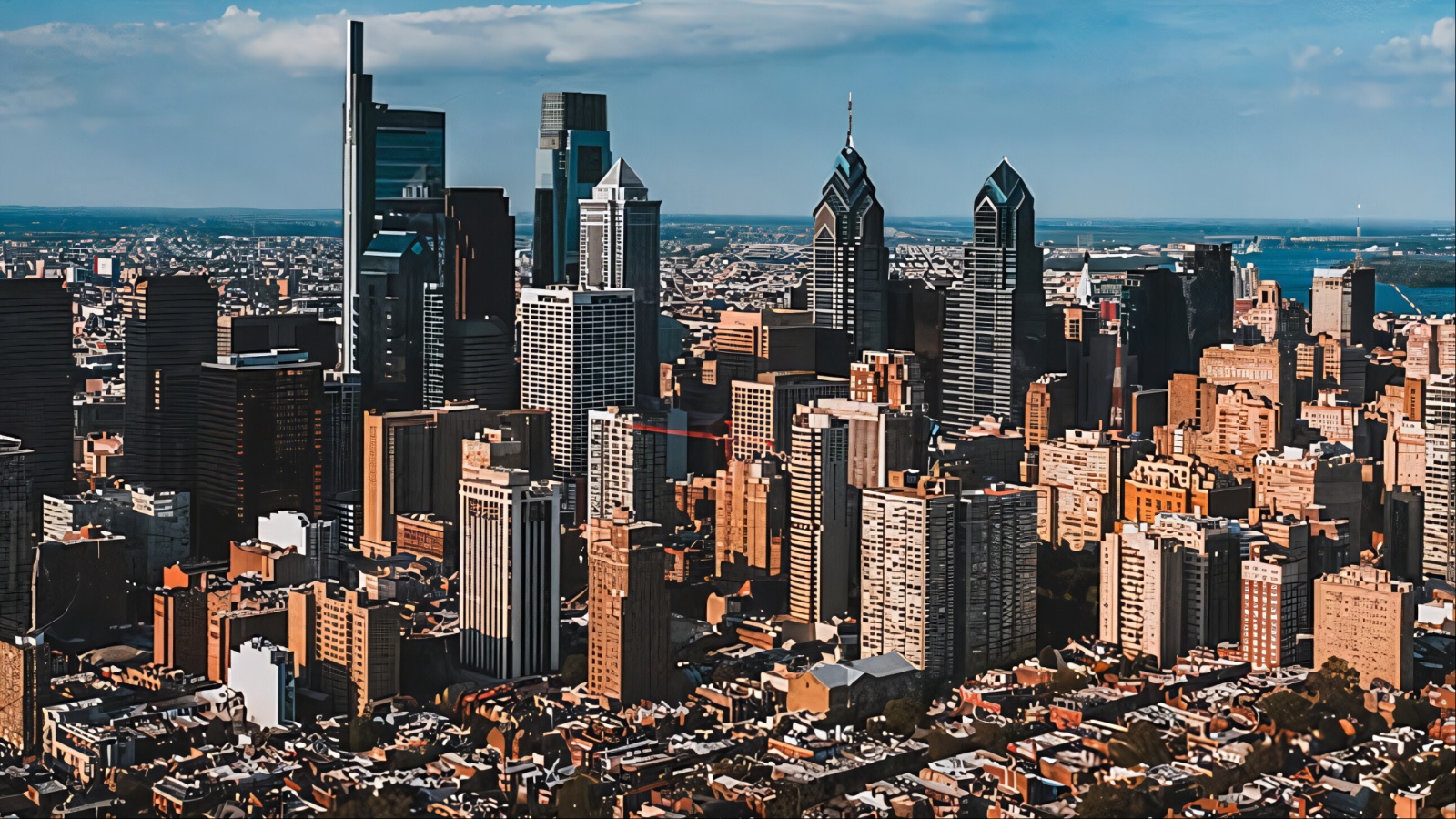 High angle view of the dense Pennsylvania skyline with numerous skyscrapers