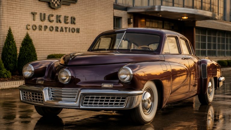 A vintage dark maroon Tucker Corporation car parked outside a building