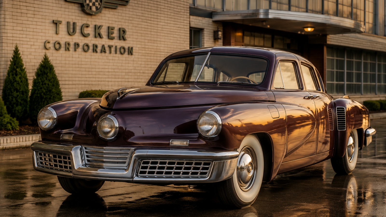 A vintage dark maroon Tucker Corporation car parked outside a building