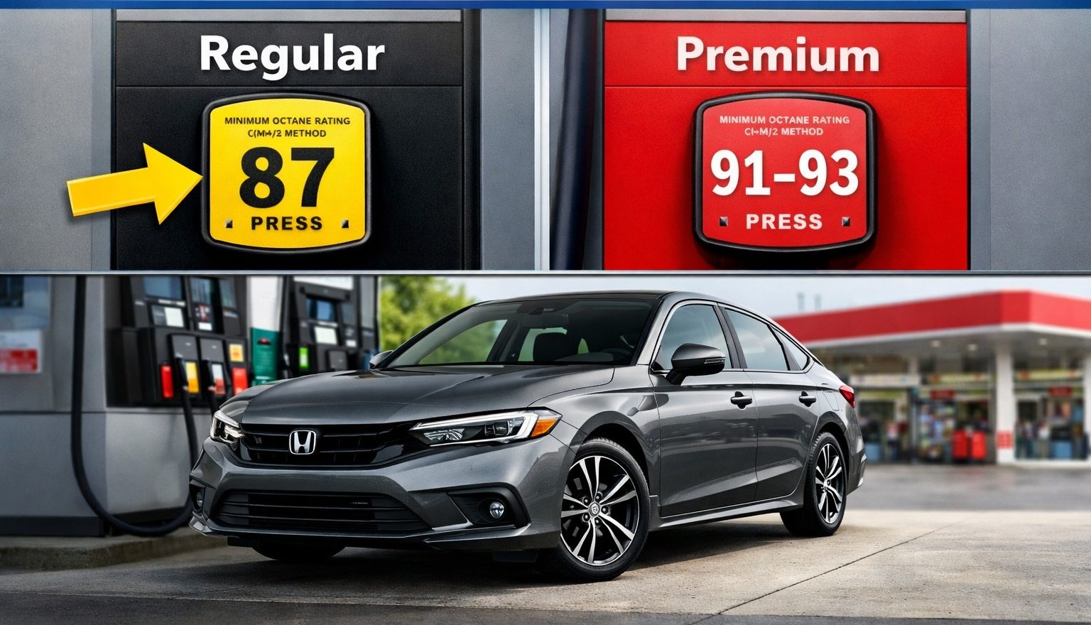 Regular 87-octane and premium 91–93-octane gasoline