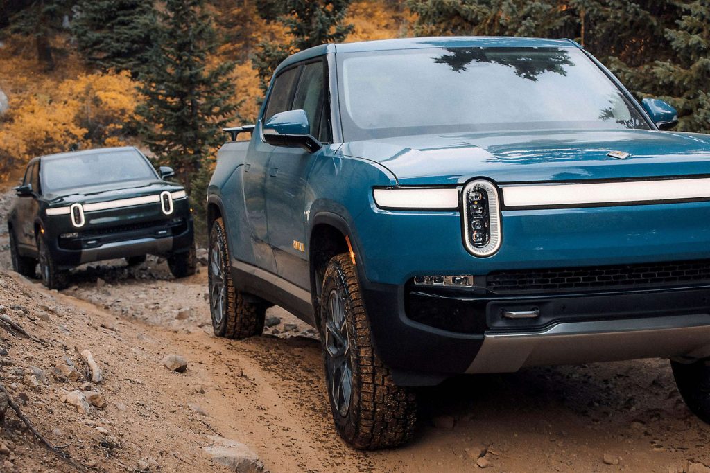 A Rivian electric vehicle photographed outdoors