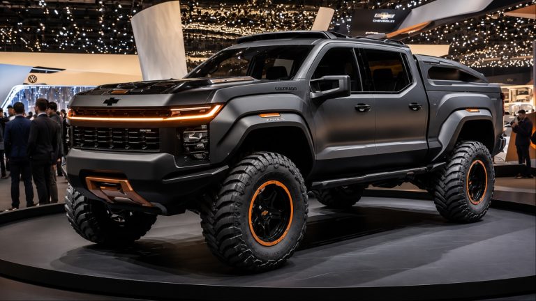 Rugged Chevrolet pickup truck concept displayed at an auto show with oversized off-road tires