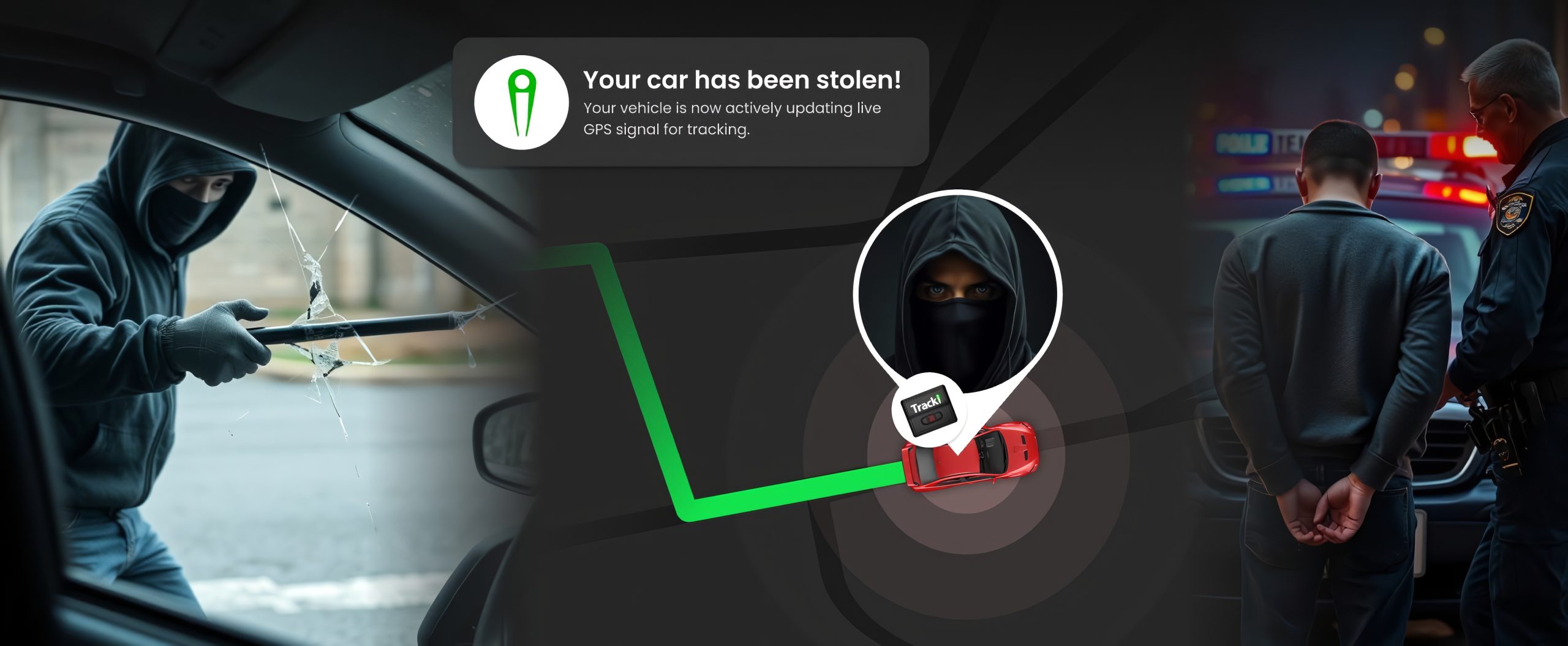 A hooded thief stealing a car tracked by GPS and arrested by police