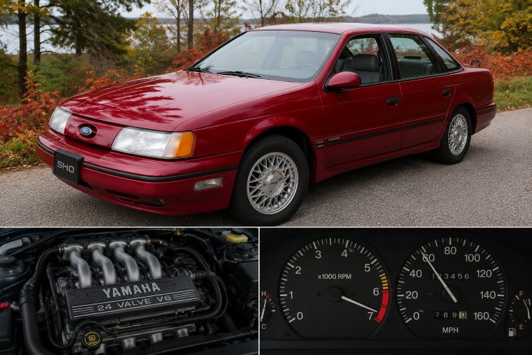 Red Ford Taurus SHO sedan parked outdoors, featuring insets of its Yamaha V6 engine and dashboard gauges