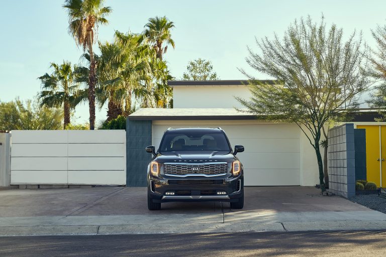 modern dark SUV parked in a sunny driveway with palm trees and a house