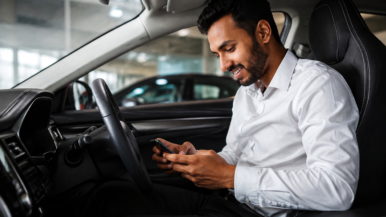 smiling man in a white shirt sits in a car looking at his smartphone.