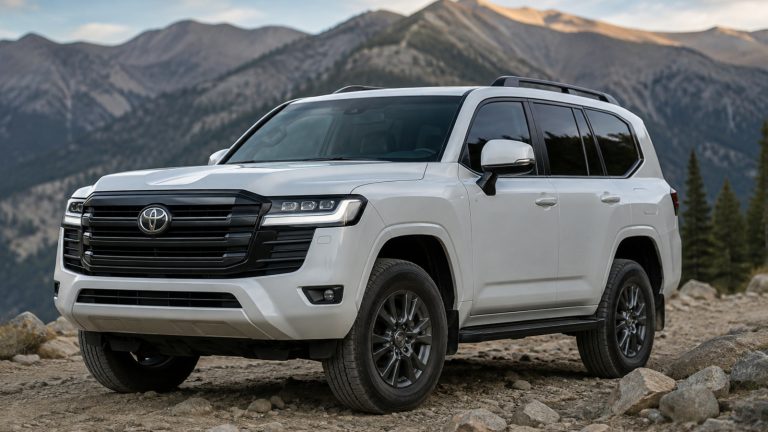 A white Toyota Land Cruiser SUV parked on a rocky mountain path with scenic hills