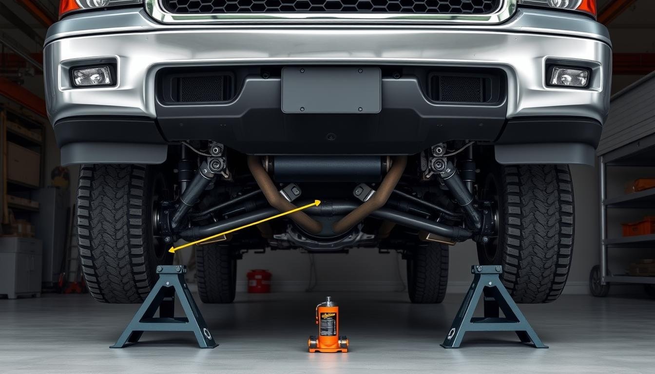Undercarriage of a Chevrolet Silverado elevated on jack