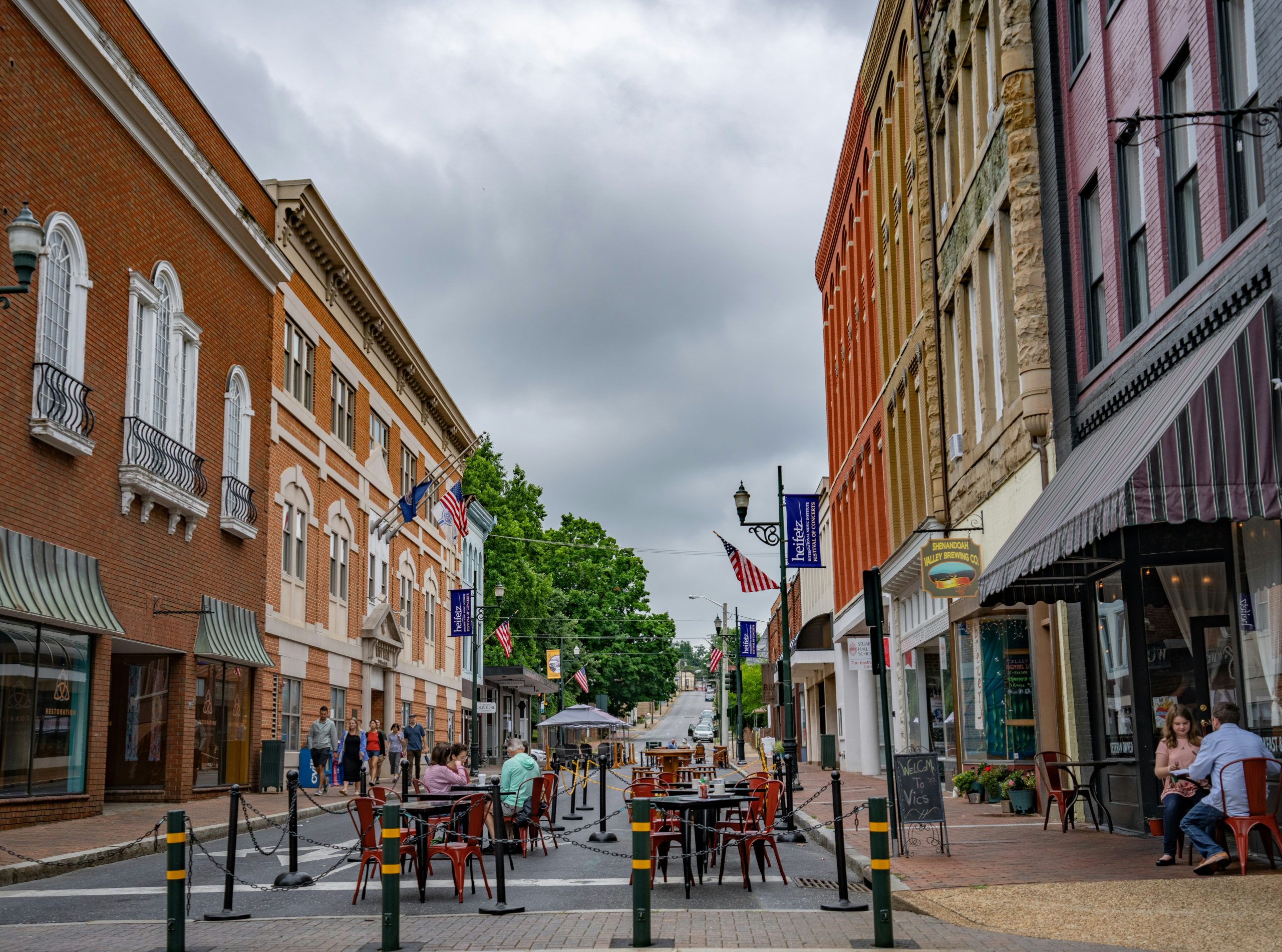 A Virginia street is shown where people are enjoying