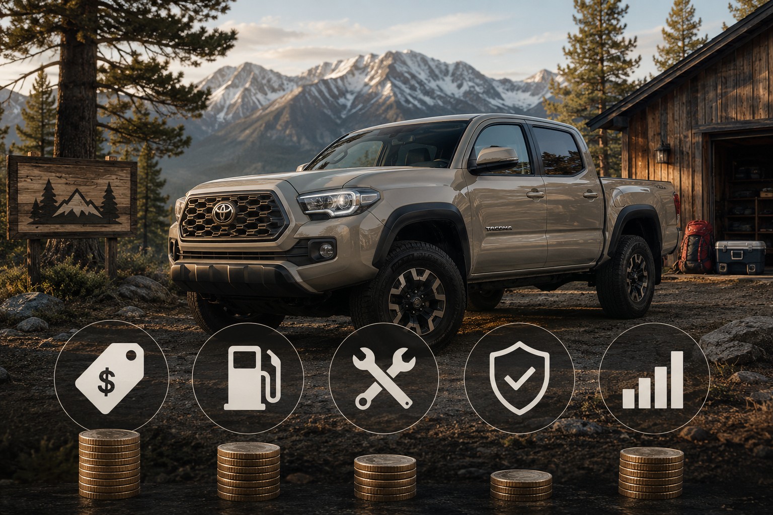 A beige Toyota Tacoma parked near a cabin with cost icons underneath