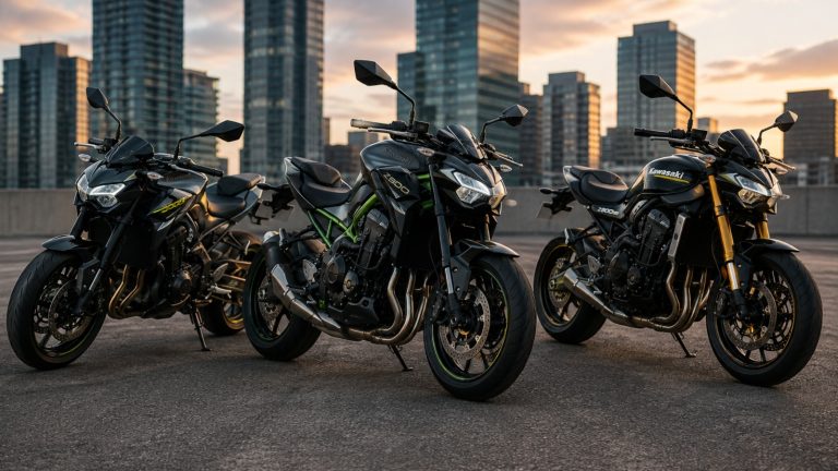 Three black Kawasaki Z900 motorcycles parked together with a city skyline backdrop