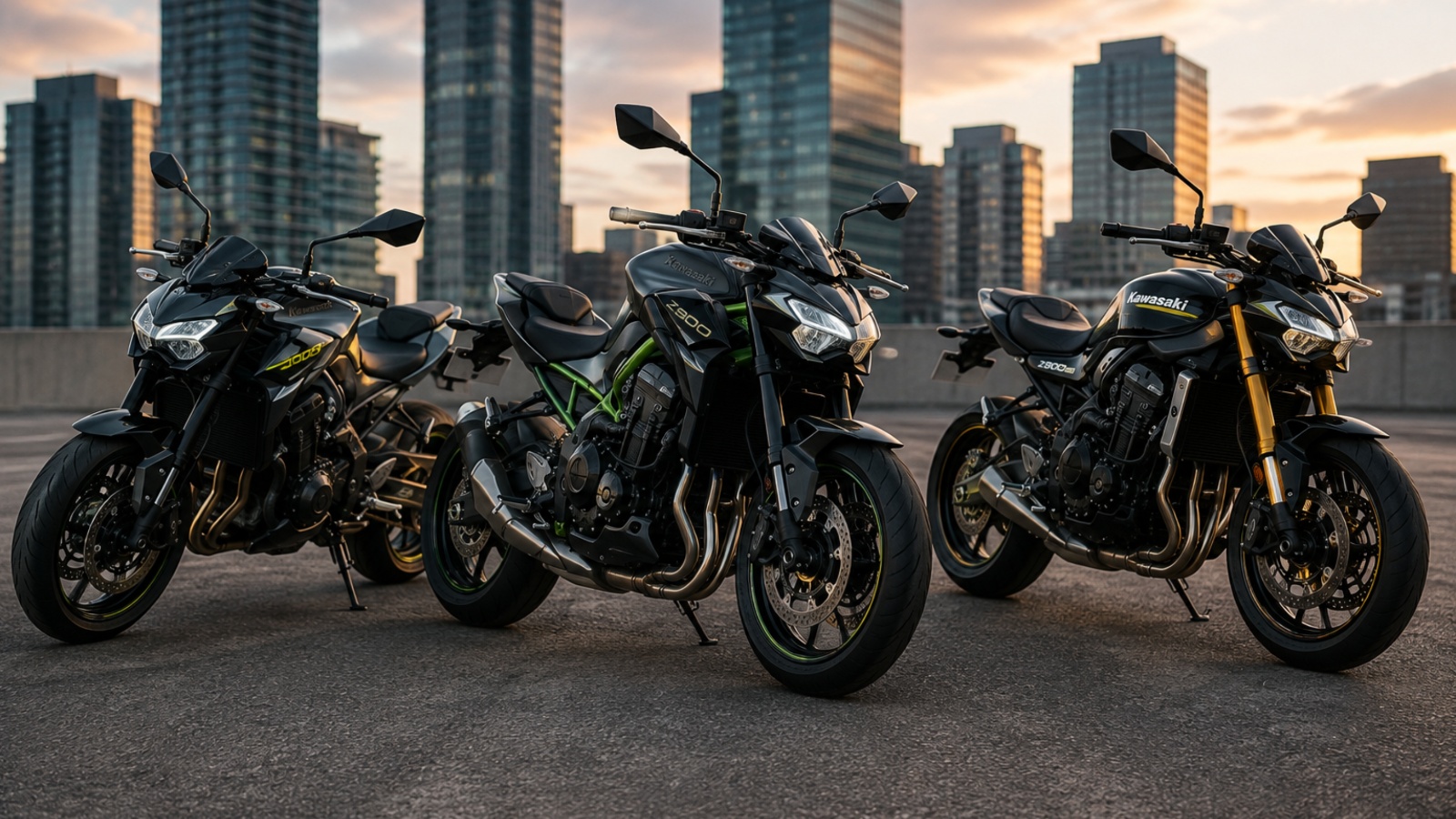 Three black Kawasaki Z900 motorcycles parked together with a city skyline backdrop