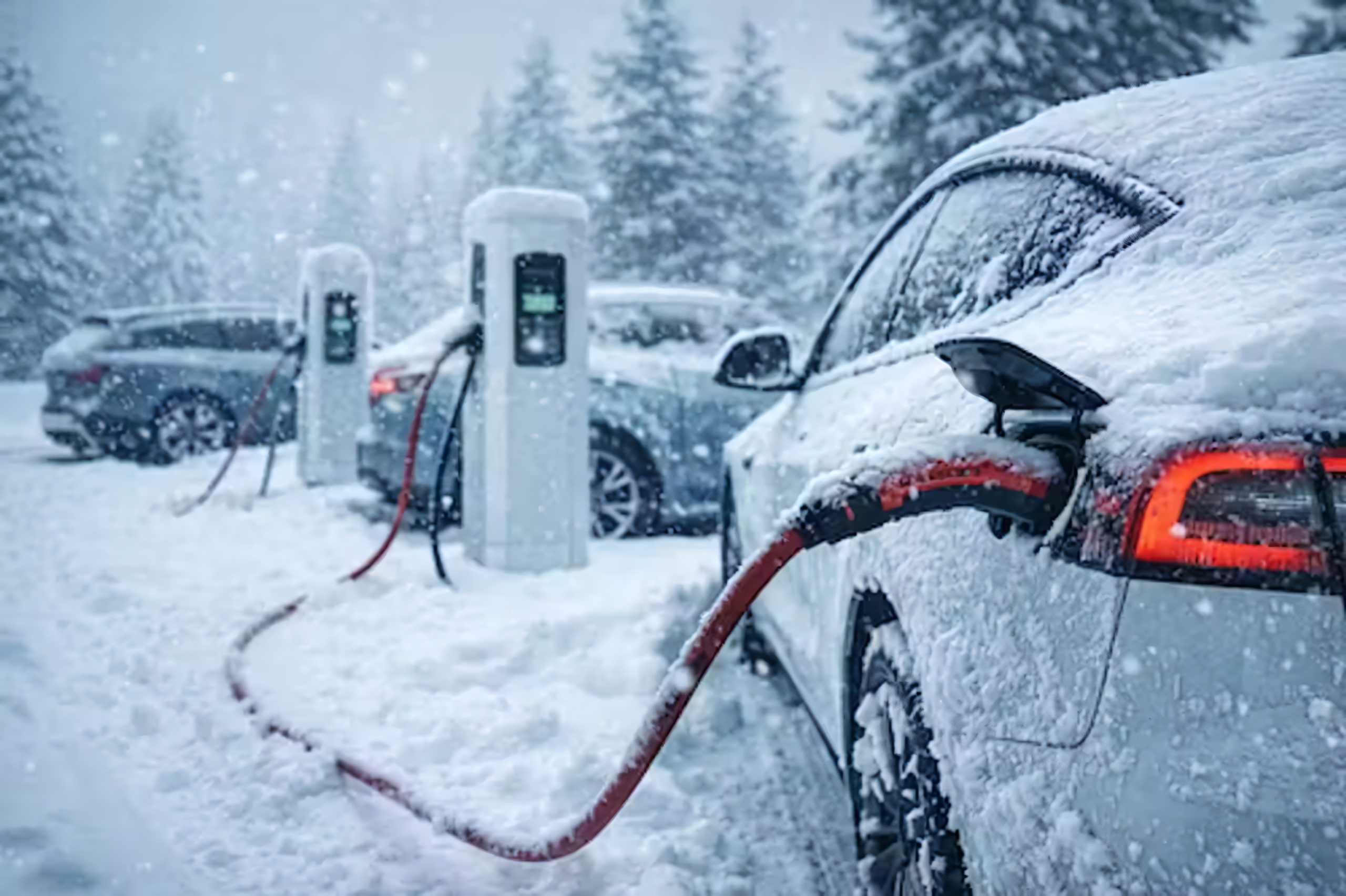 White electric vehicle, resembling a Tesla Model 3, plugged into a charging station during a heavy snowstorm
