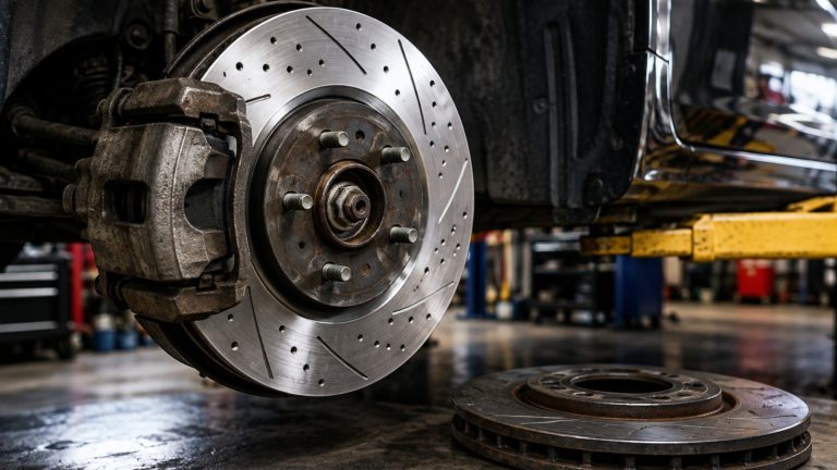 A close-up view of a car's drilled and slotted brake rotor with a caliper