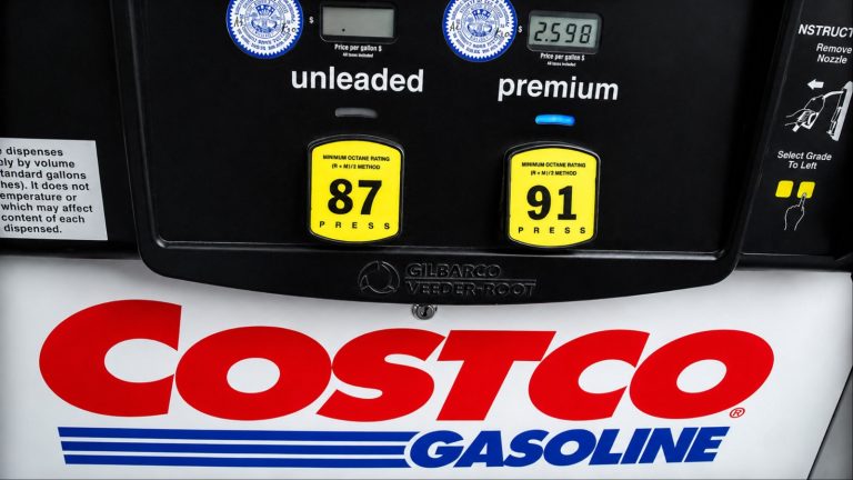 A Costco gasoline pump displays unleaded and premium fuel options, including 87 and 91 octane ratings