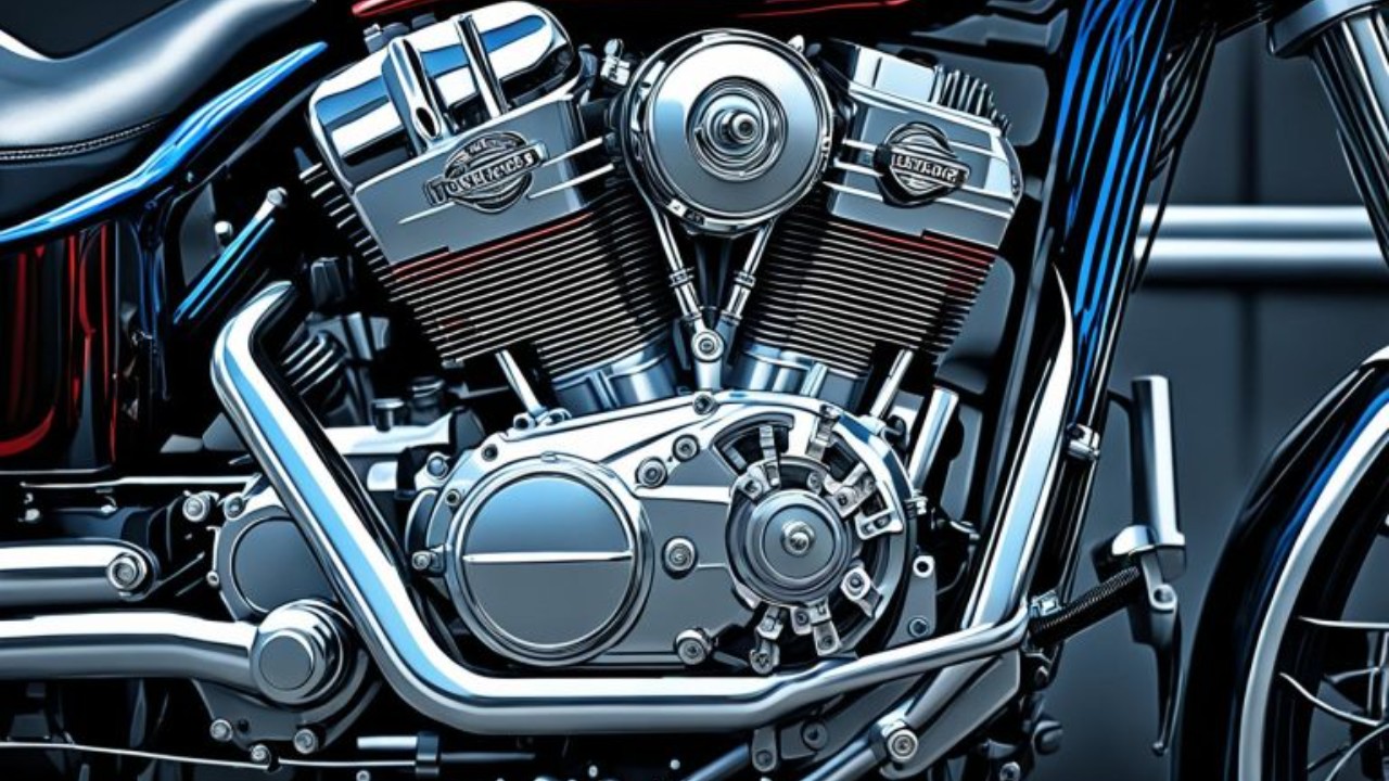 A detailed motorcycle V-twin engine showcases chrome components, cooling fins, and mechanical assemblies