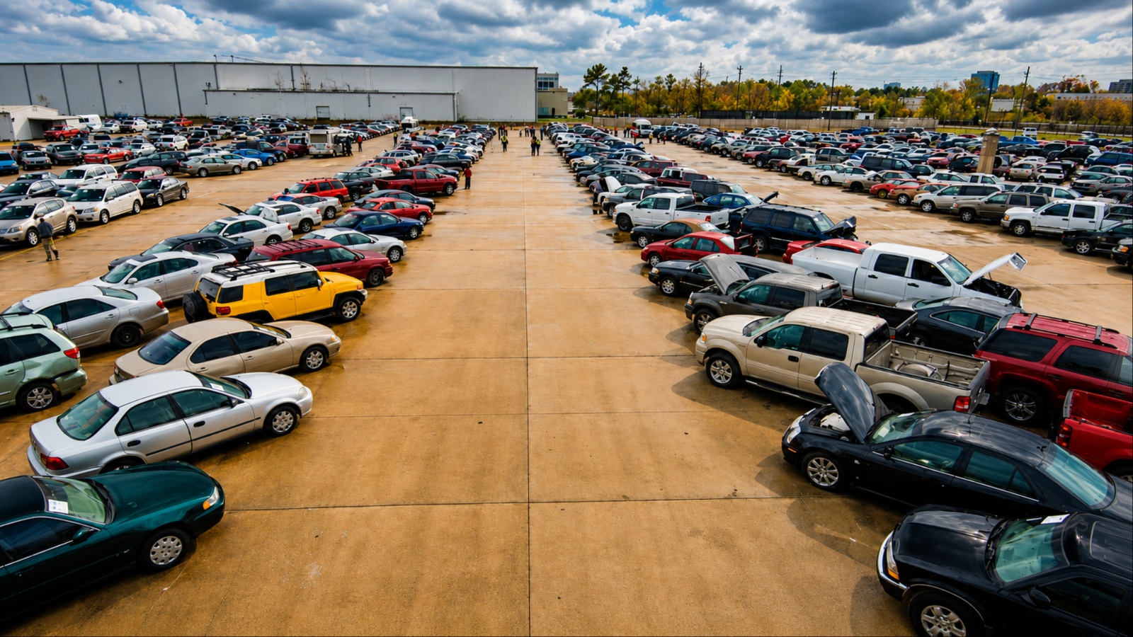 A large salvage auction lot displays hundreds of vehicles in organized rows