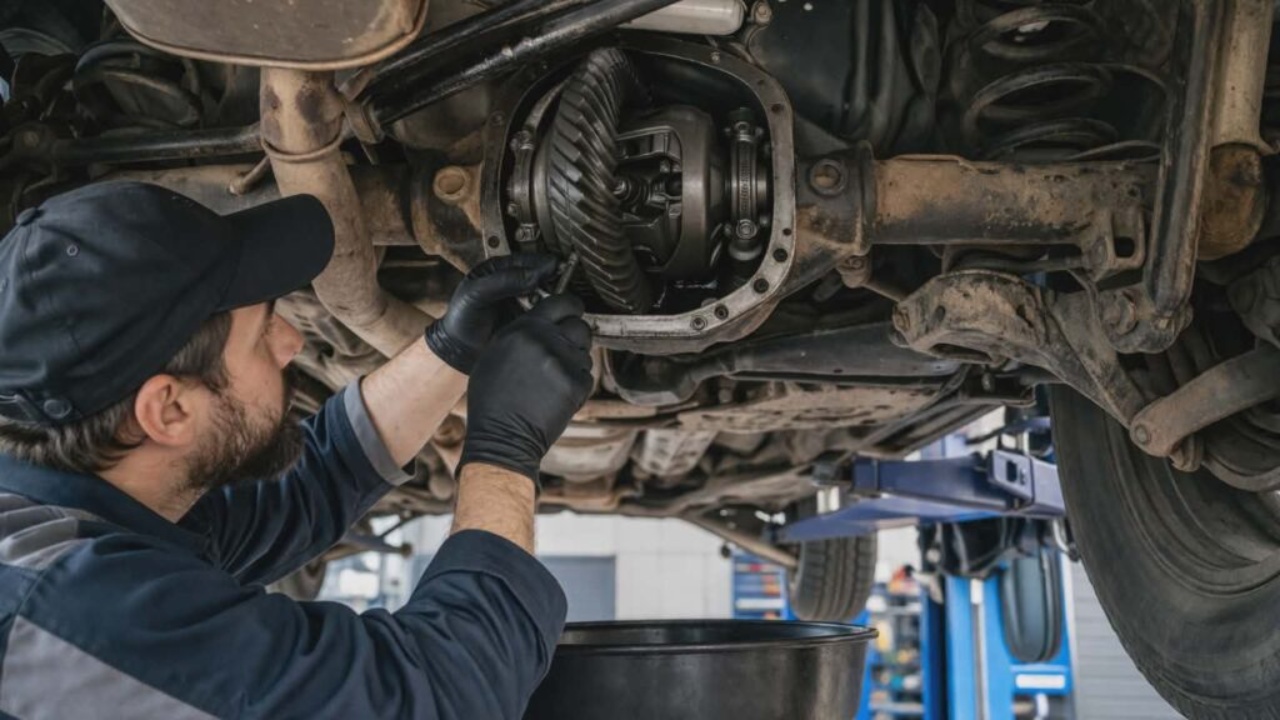 A mechanic inspects a vehicle’s differential assembly while working underneath it