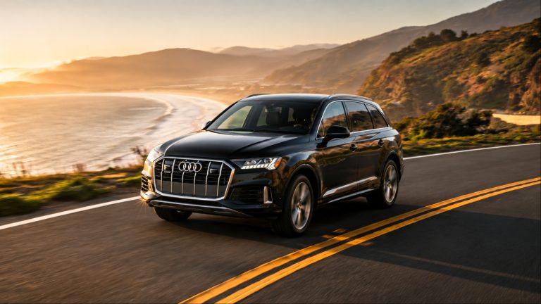 Black Audi Q7 drives along a scenic mountain road at sunset