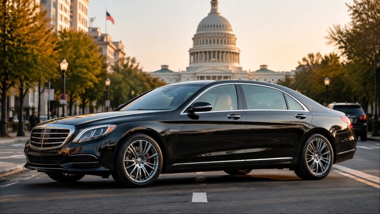 Black luxury sedan parked near the U.S. Capitol on Washington streets