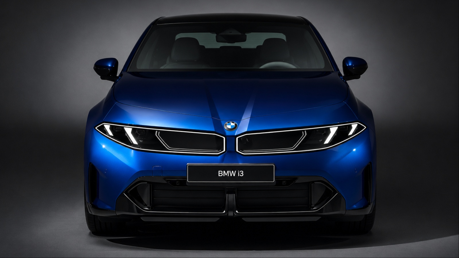 BMW i3 displayed from the front in a dark studio setting, highlighting its modern design