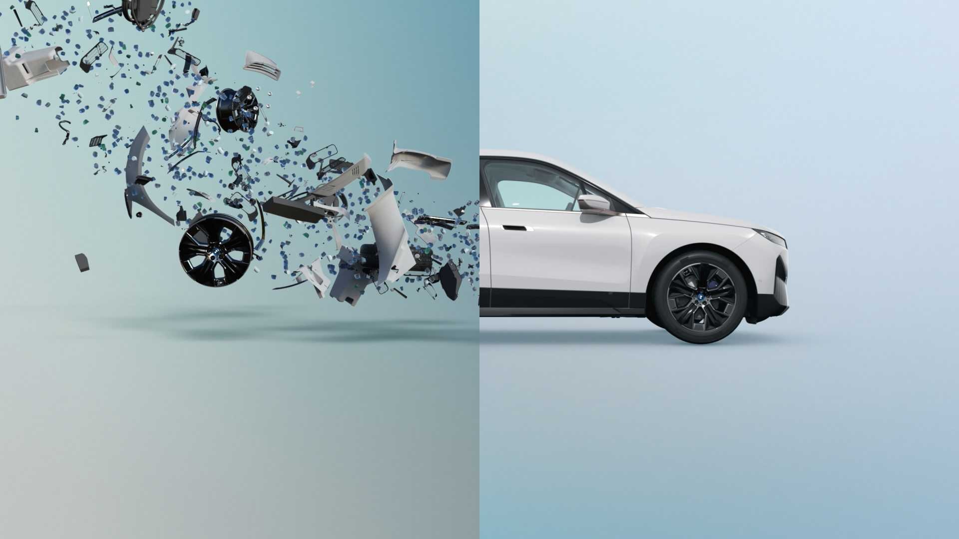 BMW electric vehicle alongside a breakdown of its components