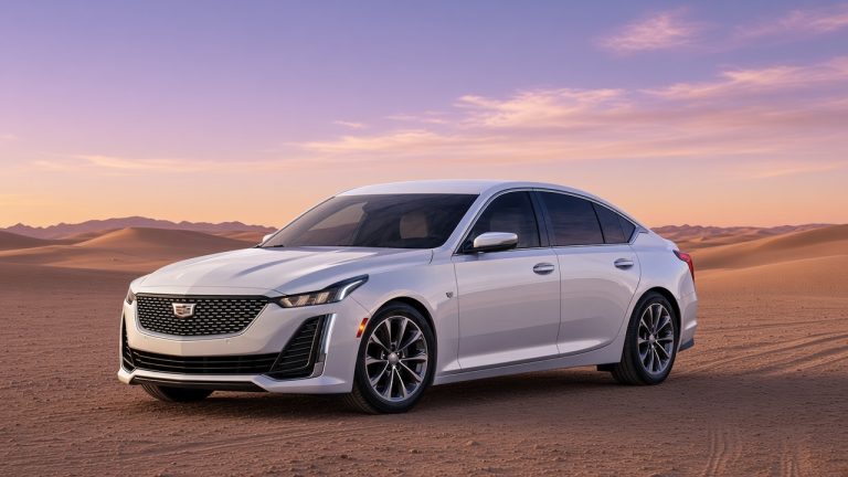 Cadillac CT5 sedan parked outdoors, showcasing its sleek design and refined styling