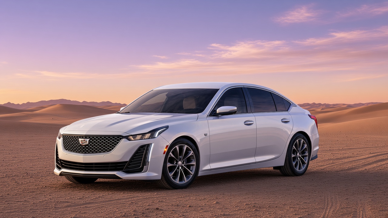 Cadillac CT5 sedan parked outdoors, showcasing its sleek design and refined styling