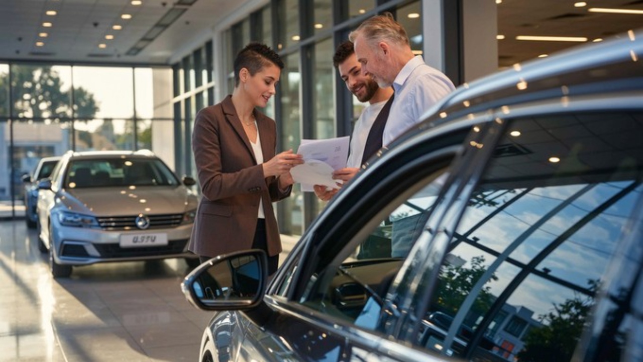 Car dealership salesperson discussing paperwork with customers beside a new vehicle