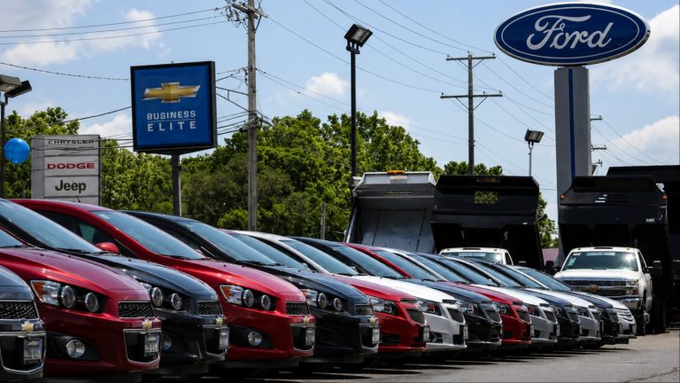 Many cars are standing outside a Car Dealership