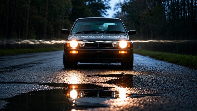 Car driving at night in rain with headlights illuminating the wet road
