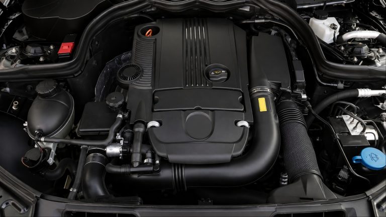 Modern car engine bay showing sealed engine cover and hoses