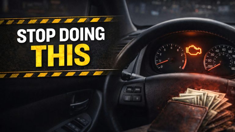 Car dashboard with the engine warning light