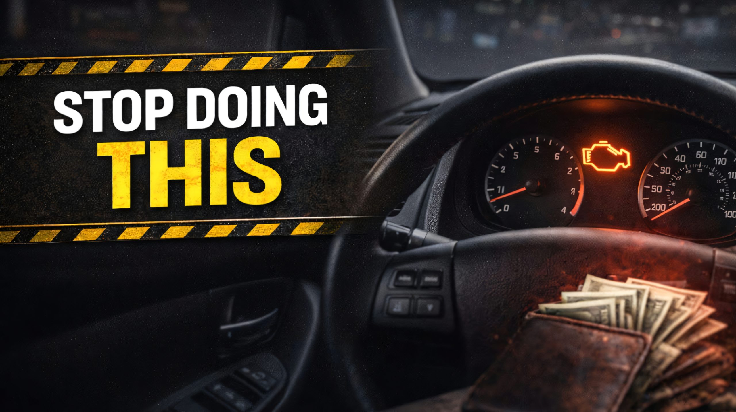 Car dashboard with the engine warning light