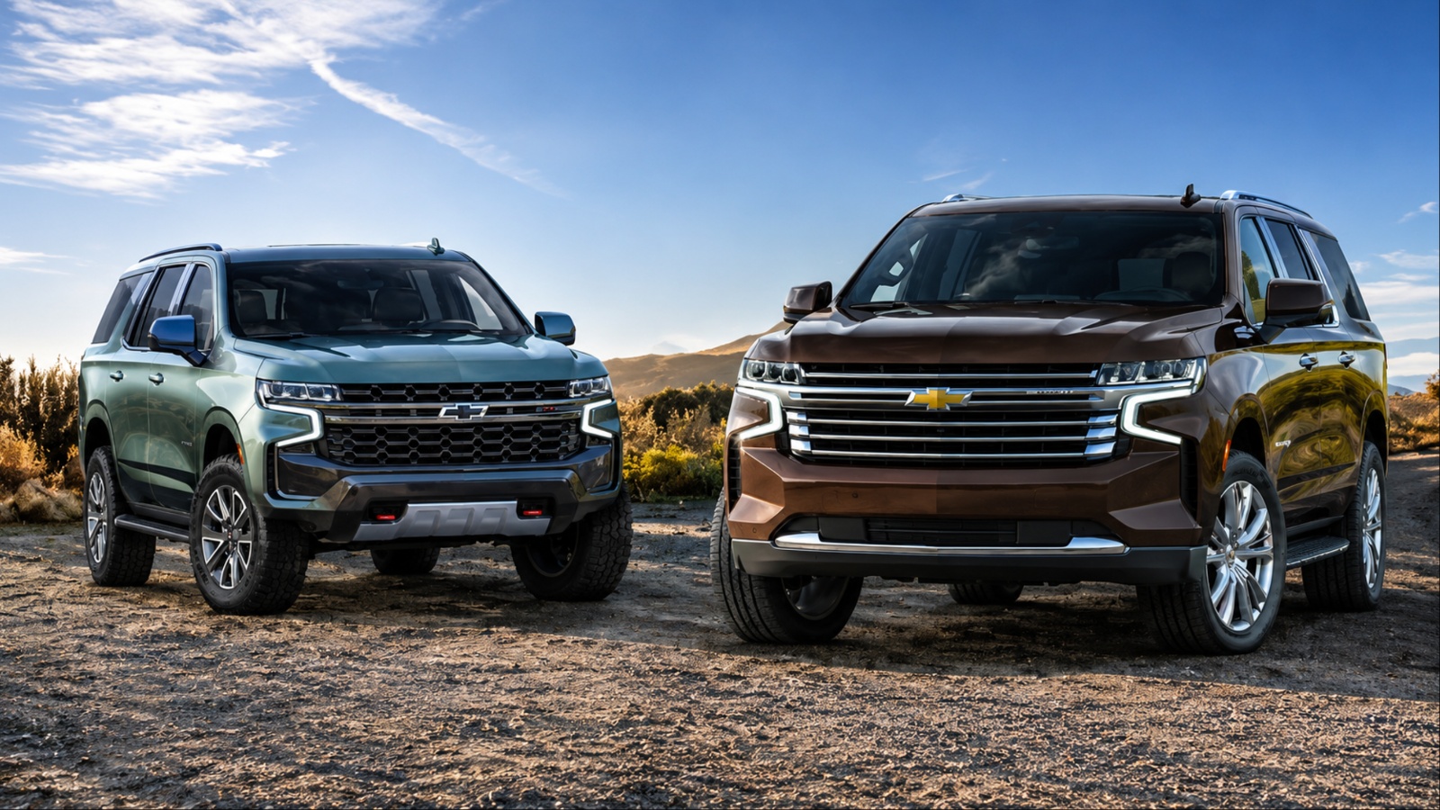 Two Chevrolet Tahoe SUVs parked outdoors, green and brown colors